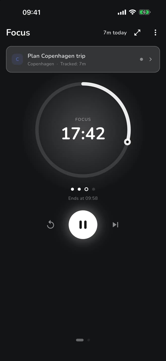 ClearDo focus timer running in dark mode