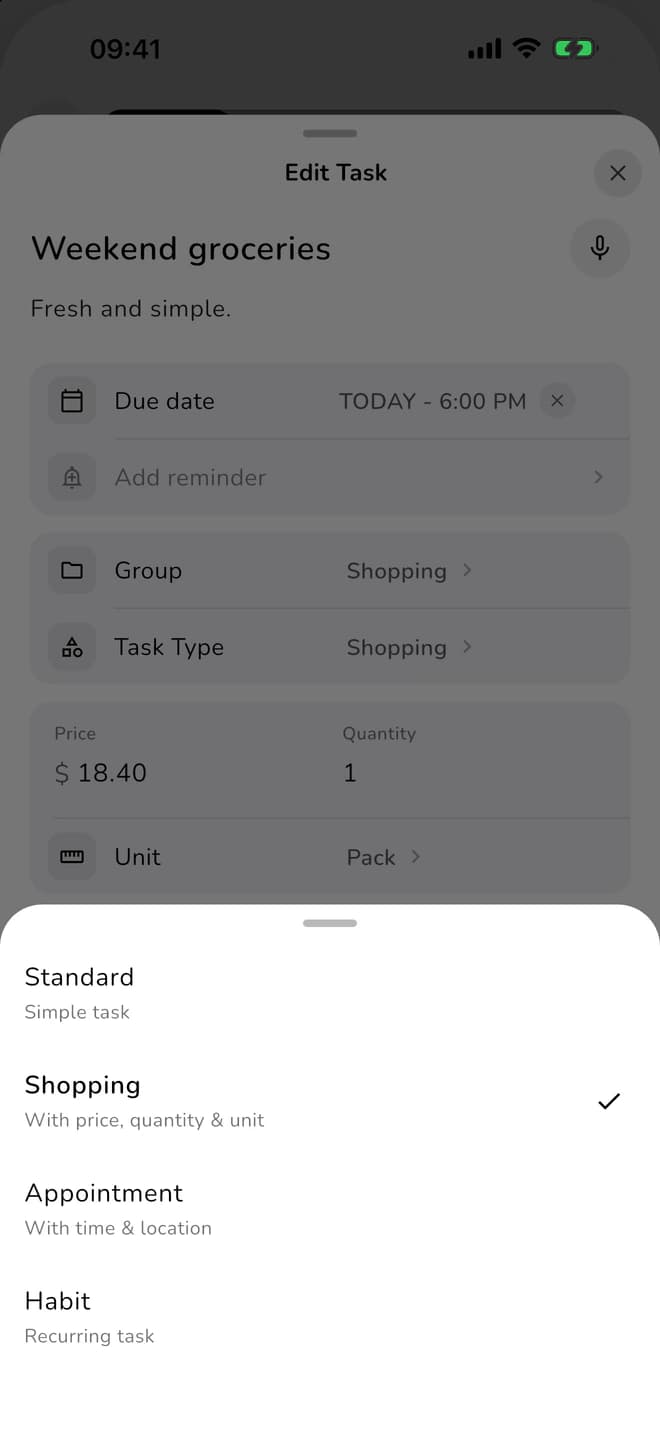 ClearDo task type picker for different kinds of plans