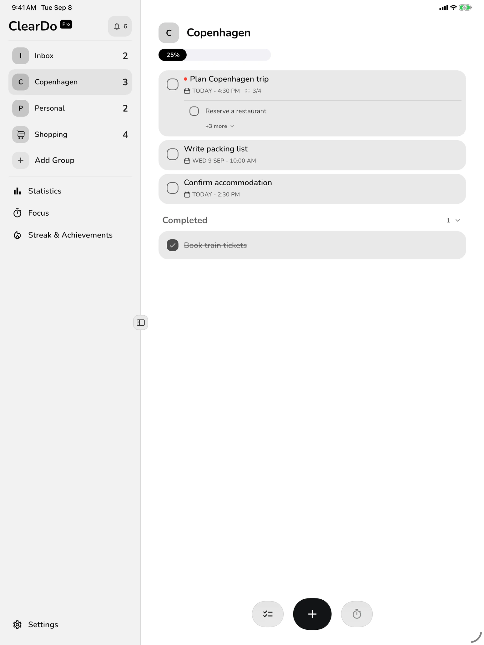ClearDo on iPad with lists in the sidebar and Copenhagen trip tasks