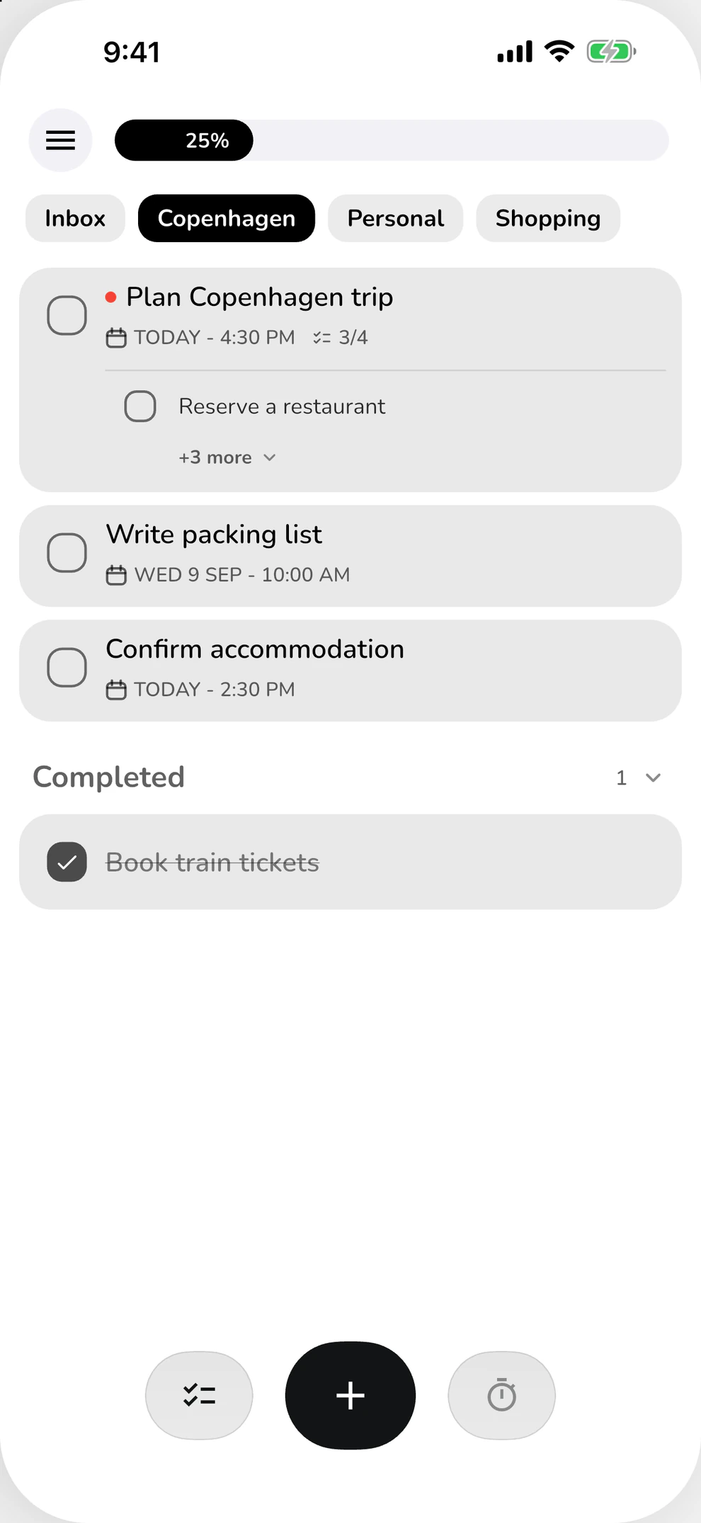ClearDo on iPhone: Copenhagen trip with tasks, subtasks and due dates
