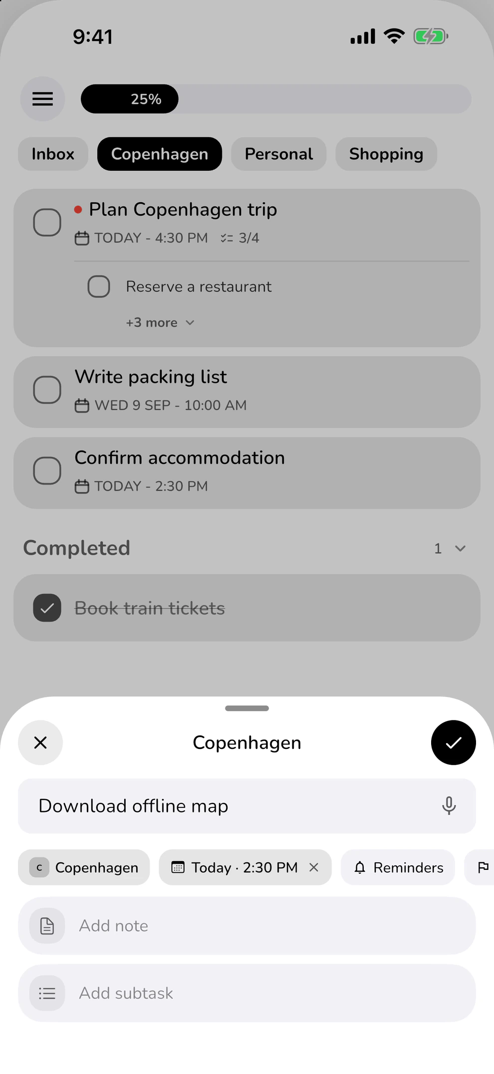 ClearDo Quick Add with task, date, reminder and list selection
